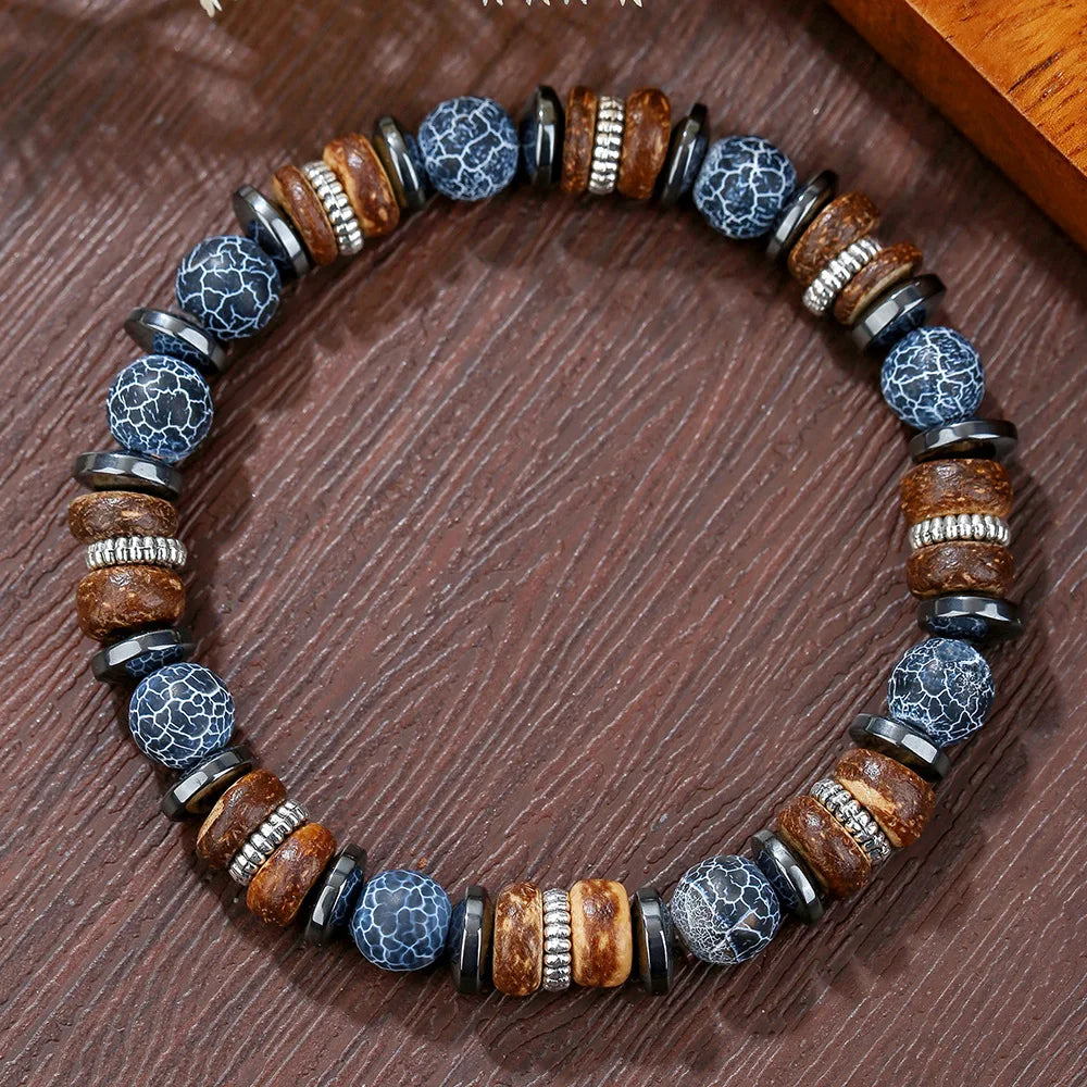 1PC Vintage Male Tribal Coconut Shell Wooden Beaded Bracelet for Men Lava Stone Bracelet Man Jewelry Gift for Him