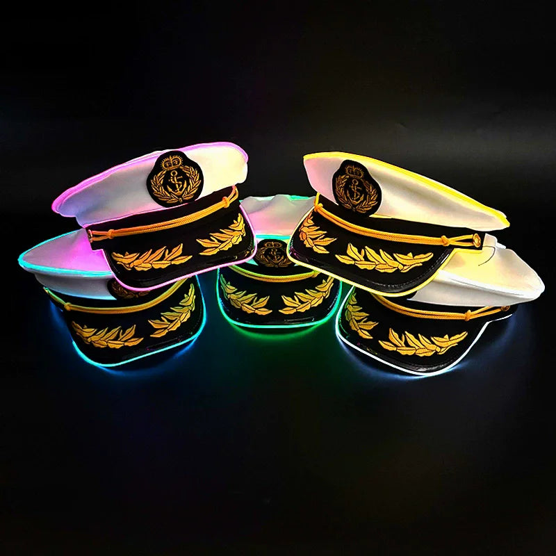 New Luminous White Sailor Captain Yacht Caps Wheat Embroidery LED Glow Navy Marine Hat Men Women Cosplay Halloween Costume Hats
