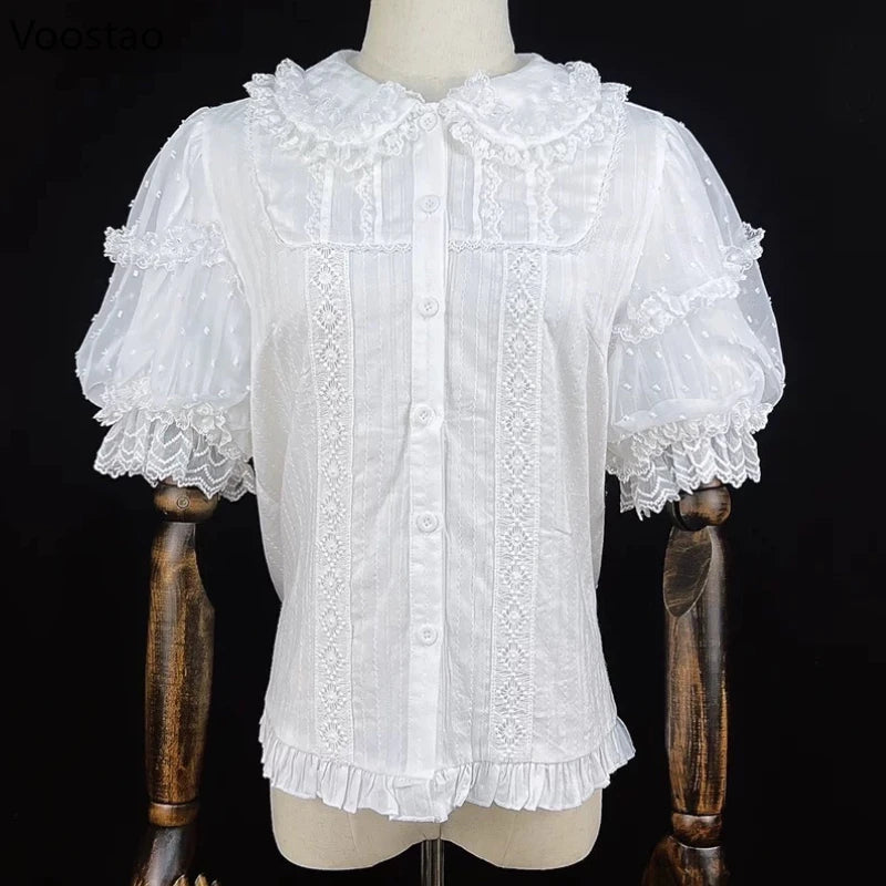Japanese Sweet Lolita Shirts Women Kawaii Cute Puff Short Sleeve Lace Ruffles Slim Blouses Tops Girls Y2k Clothes Blusas Mujer