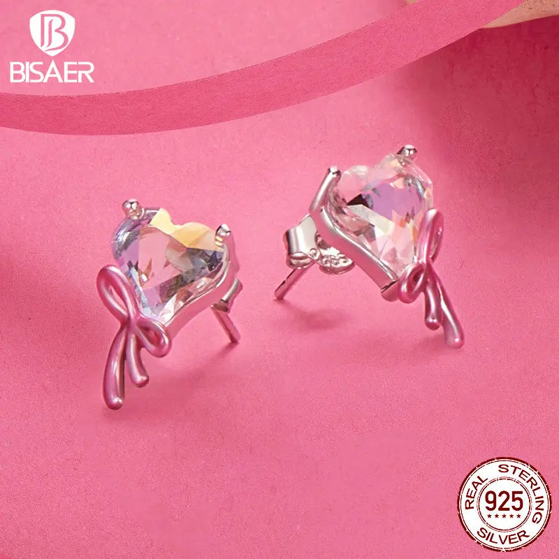 Boucles d'oreilles à tige en forme de cœur et nœud en argent sterling 925 BISAER en verre de rêve rose plaqué platine pour femme, bijoux fins de fête