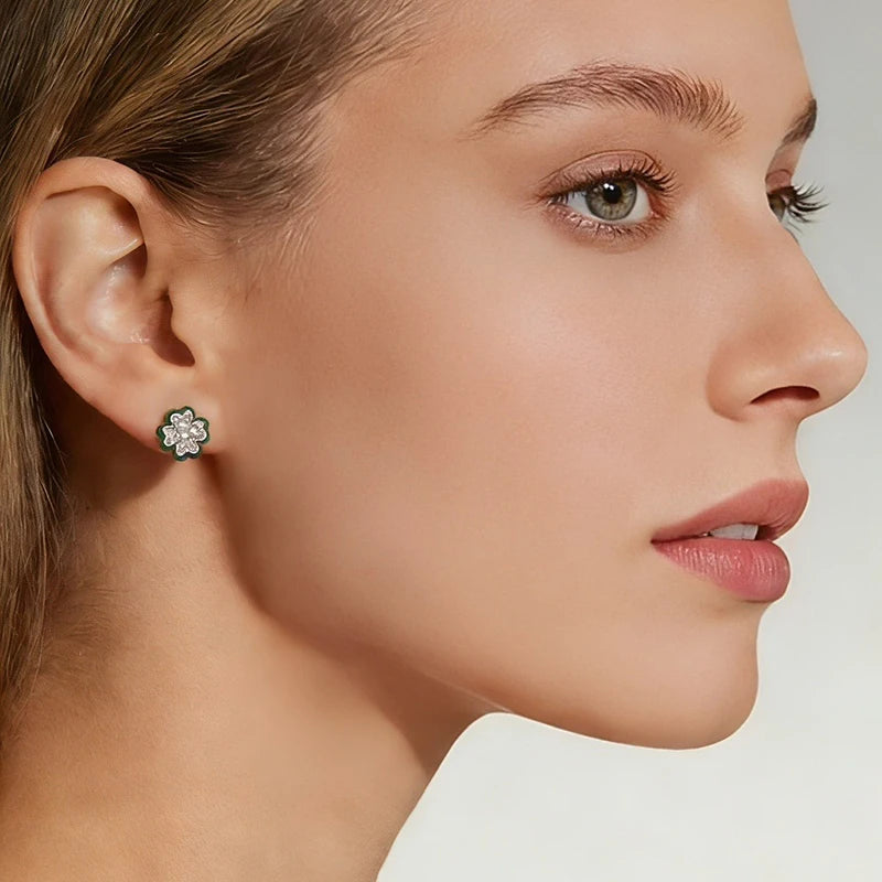WOSTU Real 925 Silver Lucky Four Leaf Clover Stud Earrings, Green Enamel Sparkling CZ Studs for Women Daily Wear Valentine Gift