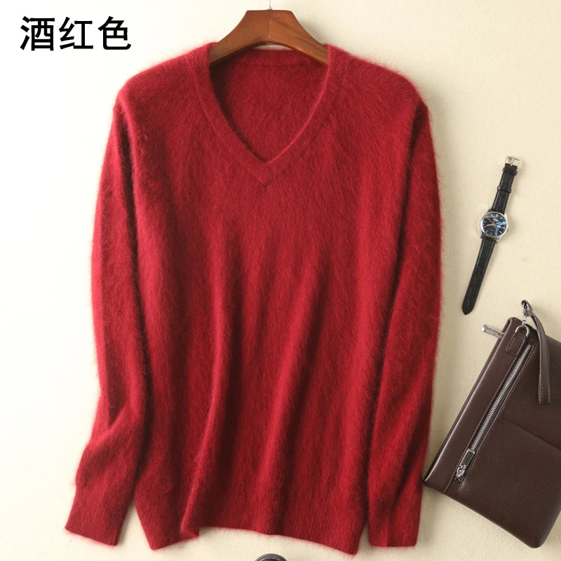LHZSYY Men's 100% Mink Cashmere Large Size Sweaters Autumn Winter Solid V-neck Casual Knit Pullovers Men Long Sleeve Warm Jumper - Madeinsea©