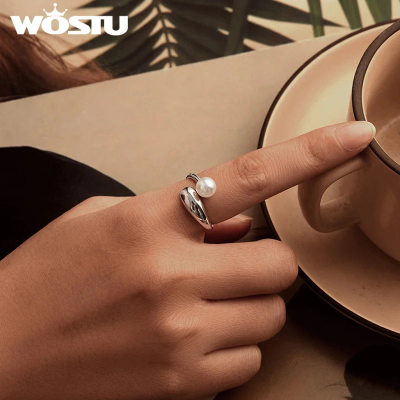 WOSTU Real 925 Sterling Silver Pearl Opening Ring Water Drop Adjustable Rings Girl Punk Party Jewelry Mother's Day Gift
