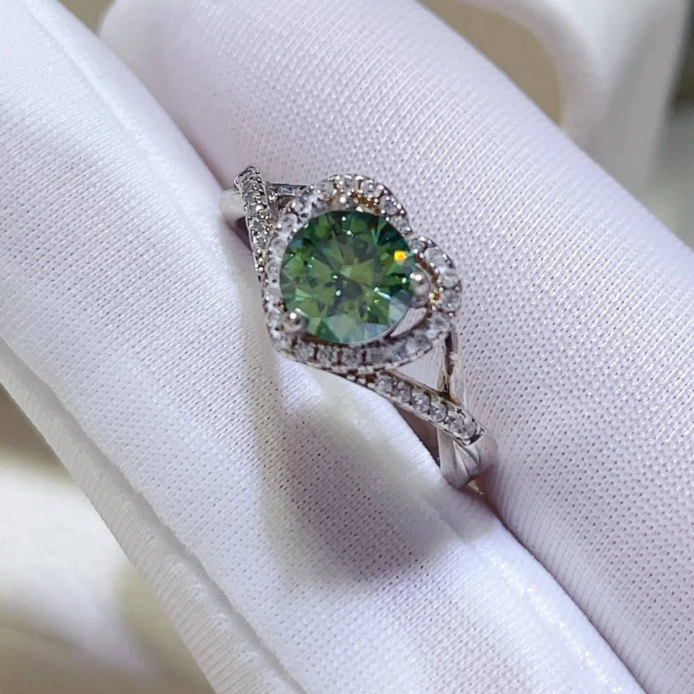 Serenity 1ct Heart Cut Green Moissanite Rings for Women Wedding Bridal 100% Sterling Silver Plated 18K Eternity Ring Jewelry GRA