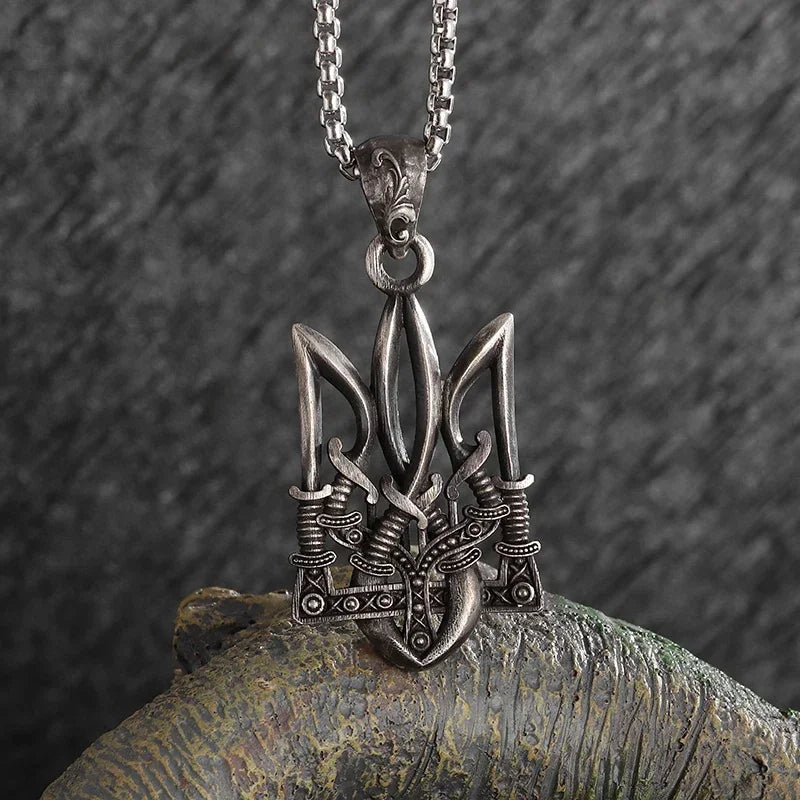 Retro Neptune Poseidon Trident Necklace Ukraine National Emblem Pendant Men\\\\\\'s Fashion Cool Trendy Jewelry Accessories