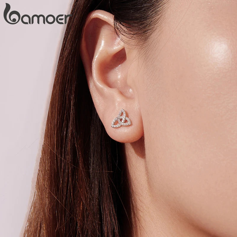 BAMOER 925 Sterling Silver Celtic Knot Stud Earrings, Full CZ Hollowed Piercing Earrings for Women Lover Xmas Promise Gift