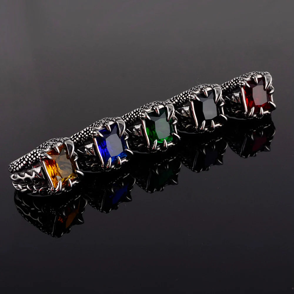 Retro Dragon Claw Blue Black Red Stone Ring For Men Punk Hip Hop Stainless Steel Dragon Claw Ring Nightclub Party Jewelry Gift