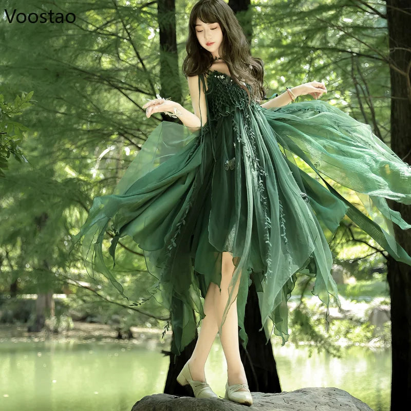 Sweet Lolita Jsk Dress Women Elegant Green Butterfly Embroidery Cane Vine Design Suspender Princess Dresses Cosplay Party Dress