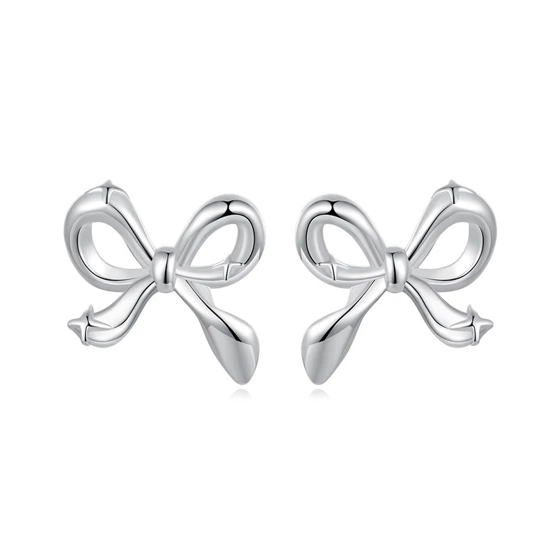 BAMOER Solid 925 Sterling Silver Bow Stud Earrings for Women Teens, White Gold Plated Small Ribbon Bowknot Stud Earrings SCE1838