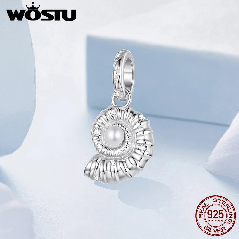 WOSTU 925 Sterling Silver Seashell Pendant Charms With Pearl & CZ, Top Quality Holiday s925 jewelry Sea Shell Chain Links