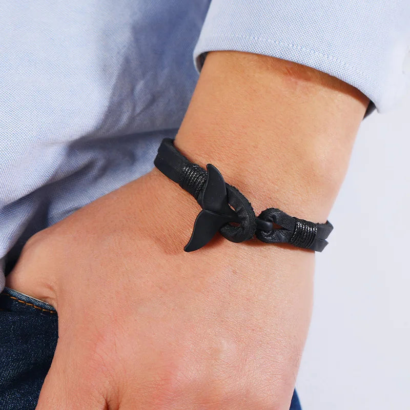 MKENDN Vintage Black Whale Tail Genuine Leahter Bracelet Men Women Fashion Beach Jewelry Summer Punk Style