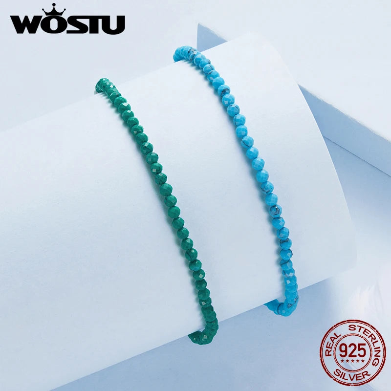 WOSTU 925 Sterling Silver Handmade Blue Green Turquoise Bracelet For Women Stackable Bohemia Chain Links Summer Jewelry Gift
