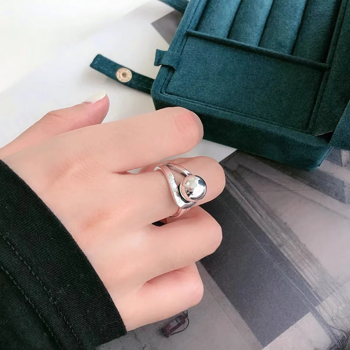 925 Sterling Silver Simple Ring For Women Fine Jewelry Finger Adjustable Open Vintage Big Ball Ring For Party Birthday Gift