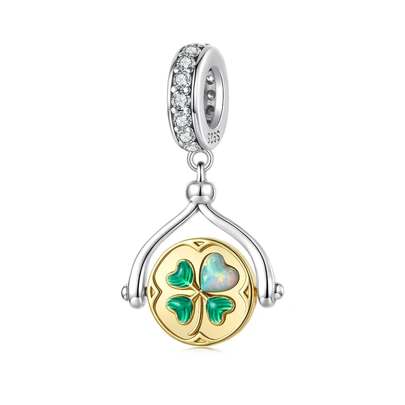 WOSTU 925 Sterling Silver Tow Tone DIY Bee Pendant Lucky Four-Leaf Clover Charm Colorful Leaves Bead Fit Original Bracelet Neck