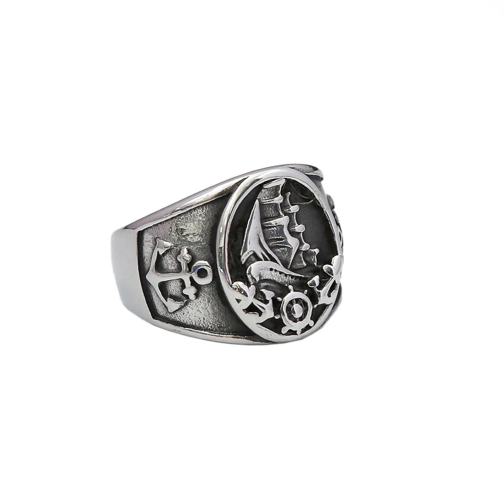 Fashion Vintage Nordic Sailboat Pirate Ring Male 316L Stainless Steel Viking Compass Rings Biker Amulet Jewelry Gift Wholesale