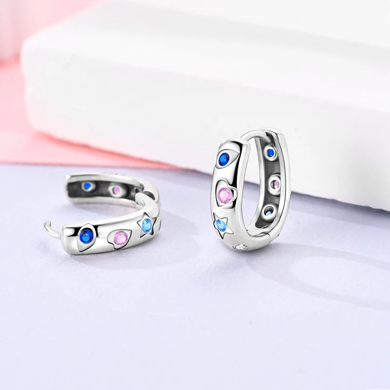 Original Cute 925 Silver Sparkling Colorful Zircon Pink Heart Shape Star Moon Earrings For Women Wedding Engagement Jewelry Gift