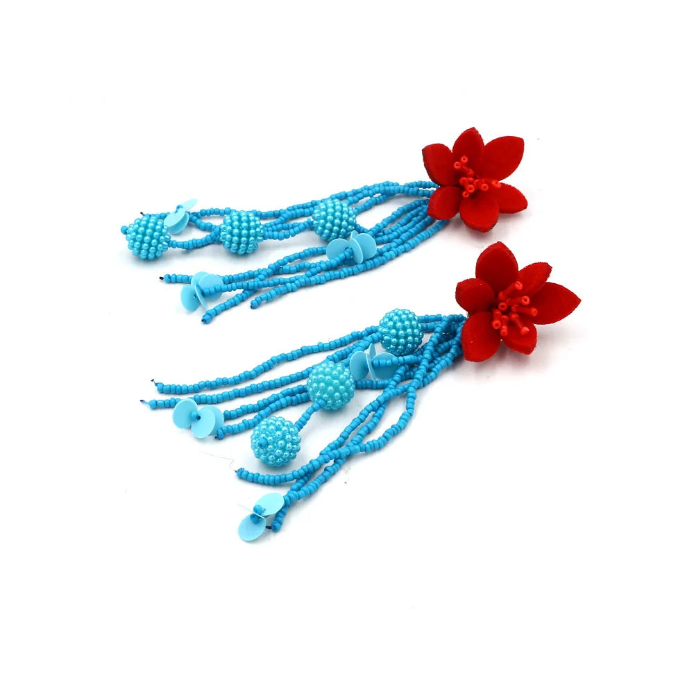 Hot Selling Long Tassel Flower Dangle Earrings for Woman Party