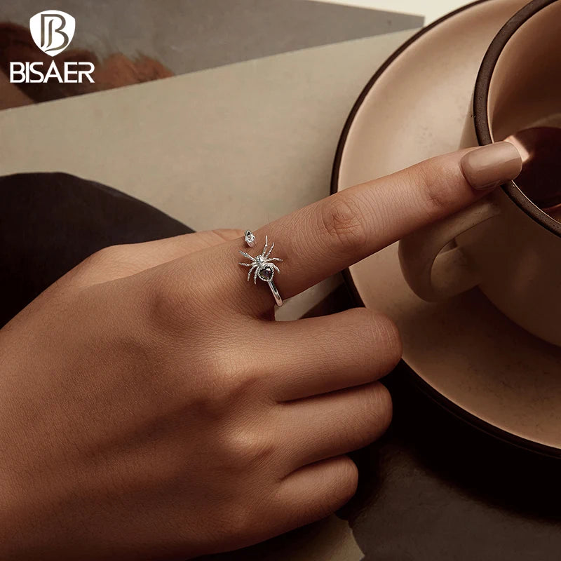 BISAER Véritable 925 Sterling Silver Spider Open Ring E-Boucles d'oreilles Ensembles de bijoux pour animaux pour femmes Fête Halloween Cadeau Bijoux fins