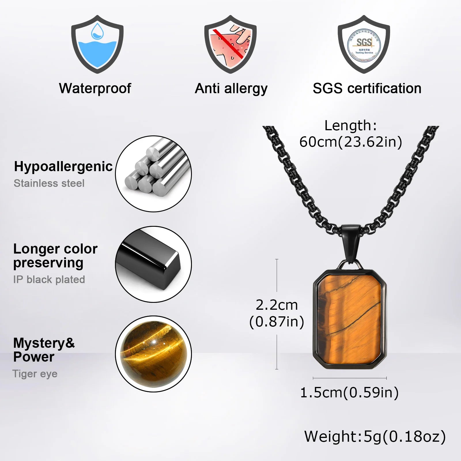 Vnox Mens Geometric Pendant with Natural Stone Necklaces, Vintage Square Tiger Eye Collar, Casual Simple Fashion Male Accessory