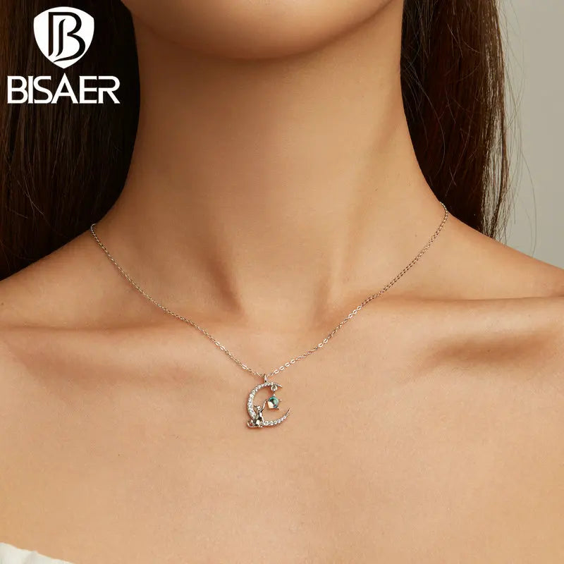 BISAER Genuine 925 Sterling Silver Cute Cat Moon Jewelry Set Animal Pendant Necklaces &Ring Original Jewelry Women Romantic Gift