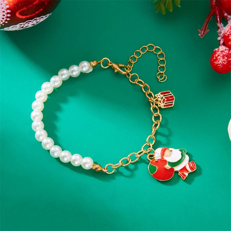 Creative Christmas Metal Chain Bracelet For Women Men Delicate Imitation Pearl Santa Claus Xmas Tree Snowflake Snowman Bangles