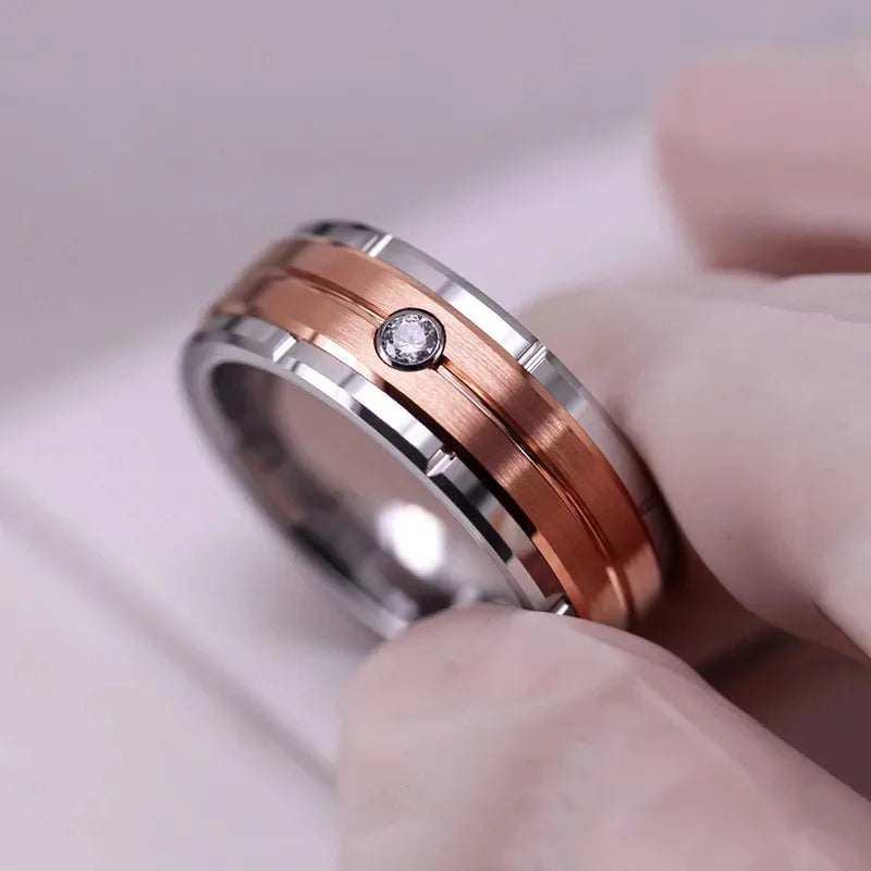 Trendy 8mm Men Frosted Stainless Steel Rings Silver Color Brushed Groove Beveled Edge Engagement Rings For Men Wedding Jewelry