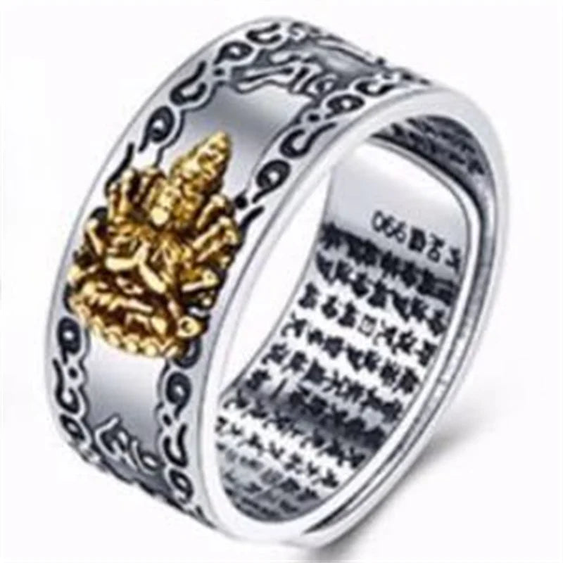 Vintage Silver Eight Guardian Buddha Ring for Men's Jewelry Lucky Twelve Zodiac Amulet Heart Sutra Ring Male Finger Accessories