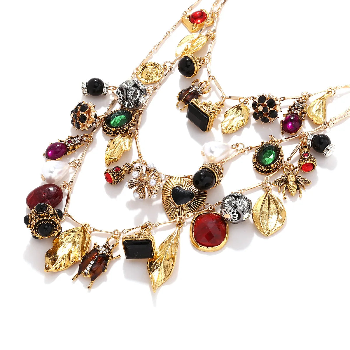 ZAA Luxury Multi-layer Woven Heart-shaped Leaf Insect Flower Pendant Necklace