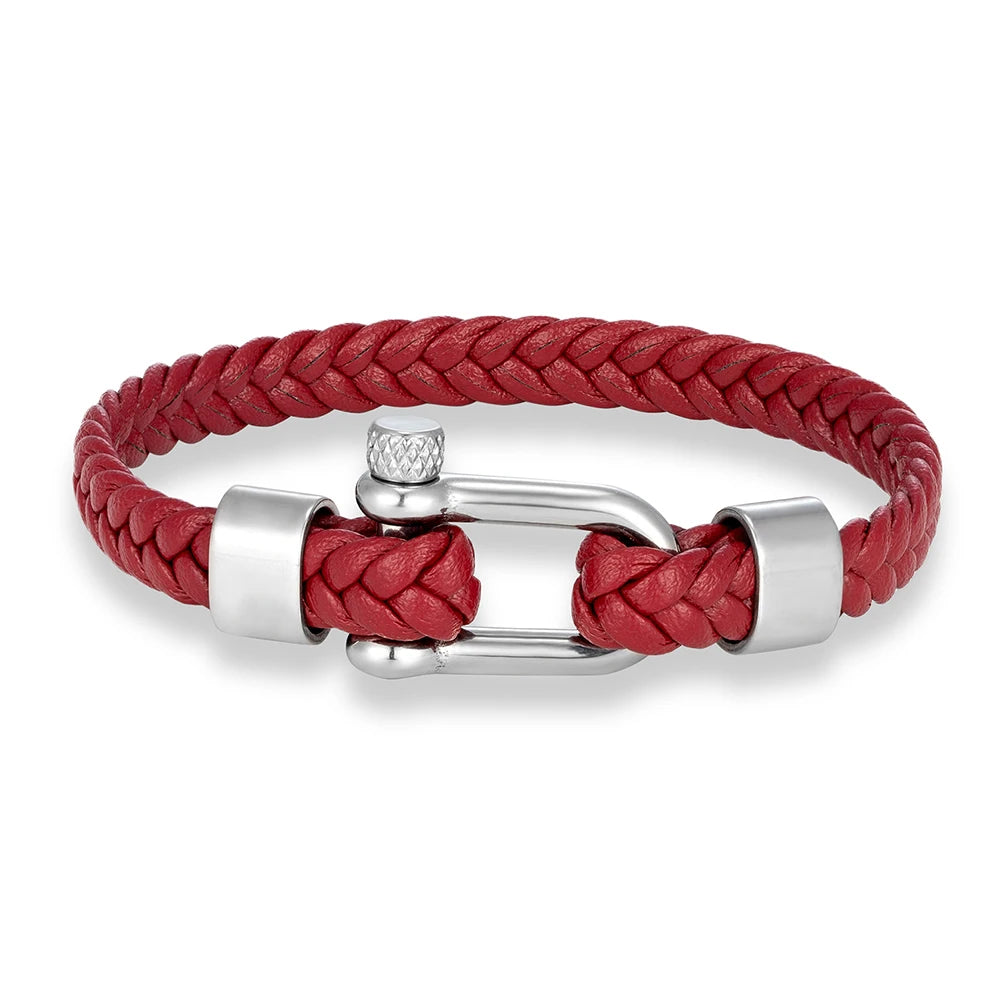 MKENDN Punk Men Braided Black Coffee Leather Bracelet Stainless Steel Shackle Buckle Bracelet Gifts Homme Pulsera