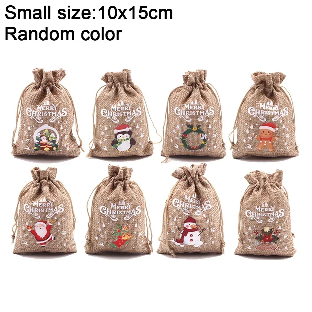 1/30PCS Christmas Linen Drawstring Bags Candy Biscuits Pouchs Burlap Bracelet Jewelry Storage Bags Xmas Kids Gift Packaging Bags
