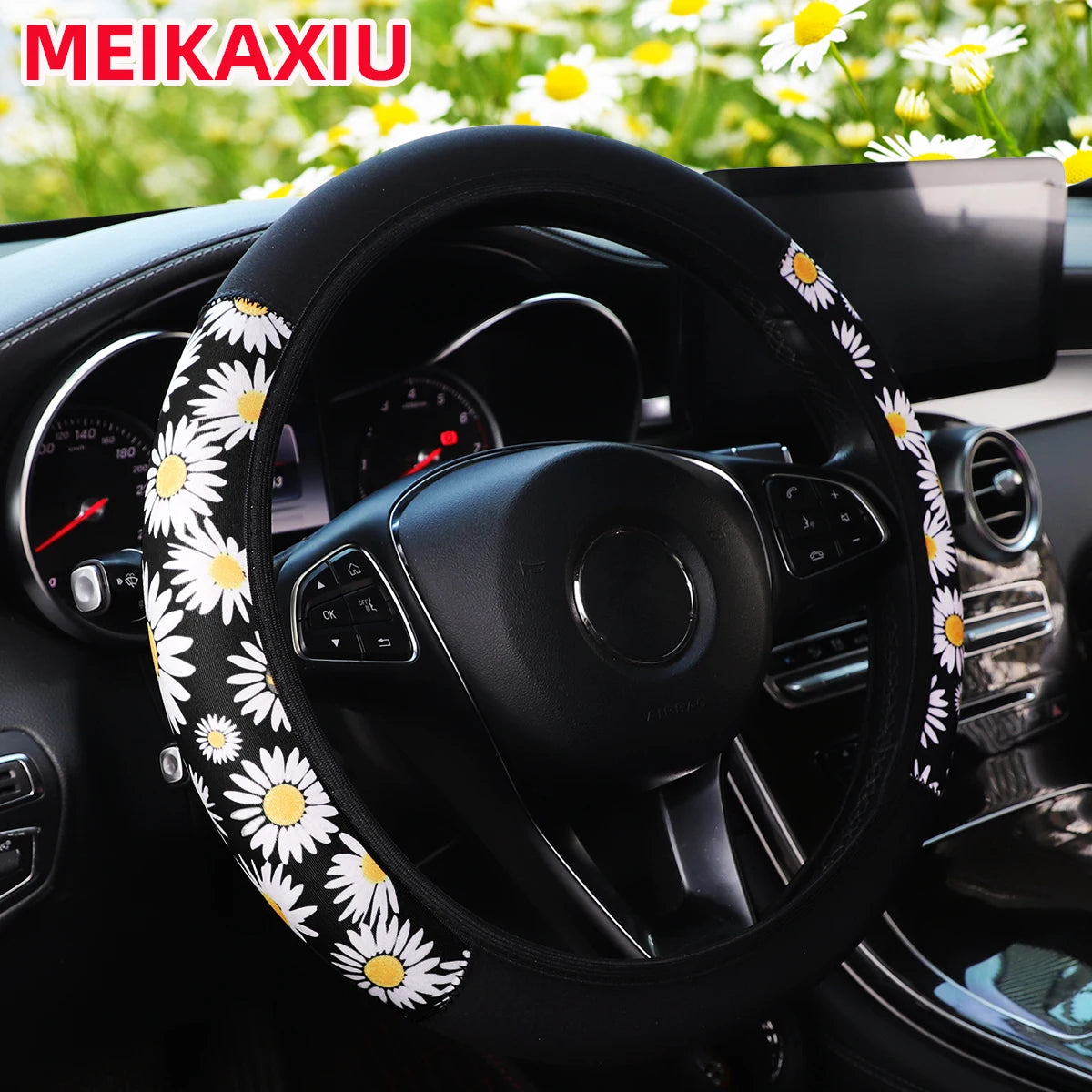 Cherry blossom chrysanthemum check spider web diving fabric printed car without inner ring steering wheel cover 38CM women's - Madeinsea©