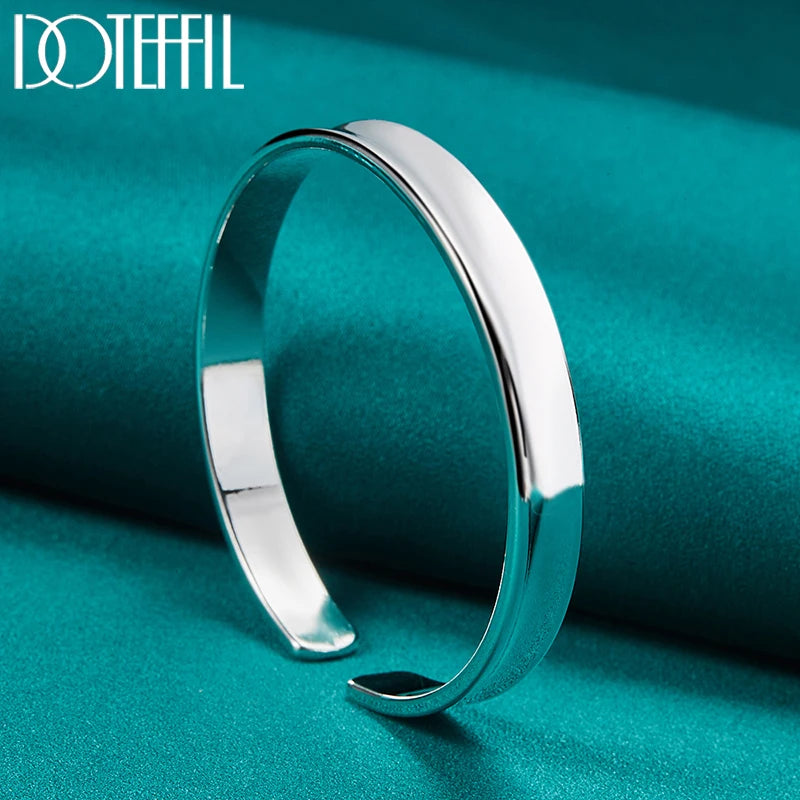 DOTEFFIL 925 Sterling Silver Smooth 8mm Adjustable Bangle Bracelet For Woman Man Fashion Wedding Engagement Party Jewelry