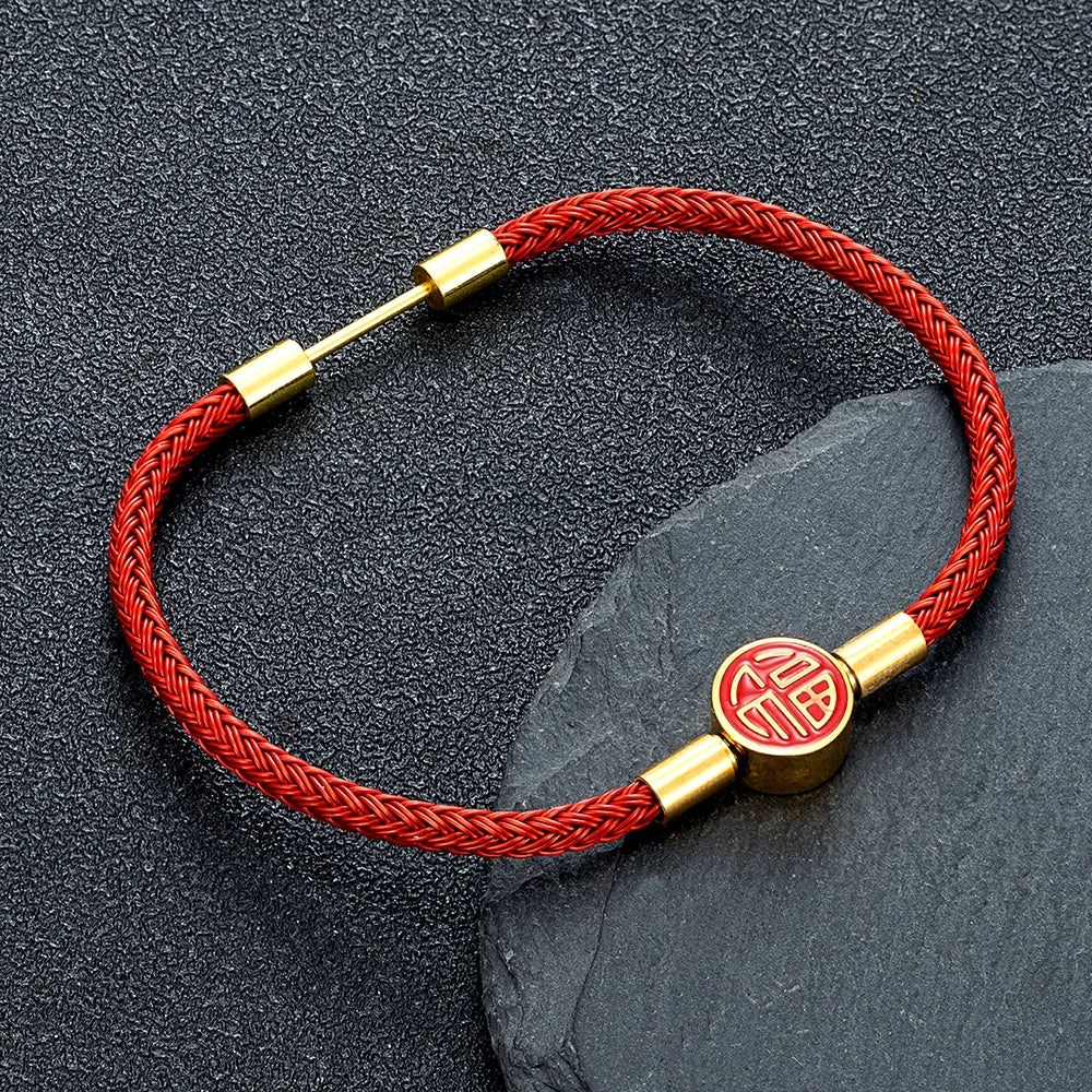 MKENDN Classic Men Women Stainless Steel Bracelet Lucky Red Steel Wire Rope Male High Quality Gold Plated Button Jewelry Gifts