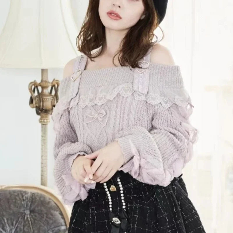 Vintage Sweet Lolita Style Knitted Pullover Autumn Girls Cute Off Shoulder Lace Ruffles Bow Sweater Women Harajuku Knitwear Tops