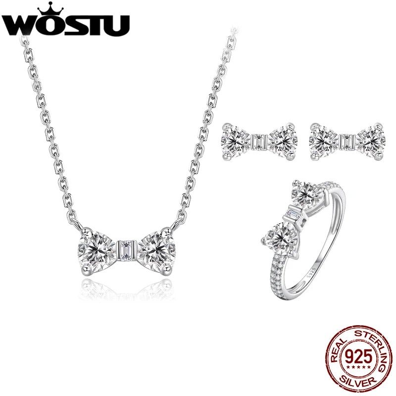 WOSTU Wedding Jewelry Set 925 Sterling Silver Clear CZ Bowknot Necklace Earrings Ring Sweet Bow Knot Jewelry Gift For Girl Lover