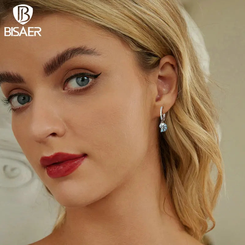 BISAER 925 Sterling Silver Blue Seashell Hoop Earrings Bule Enamel Buckles Plated White Gold For Woman Fine Jewelry Holiday Gift