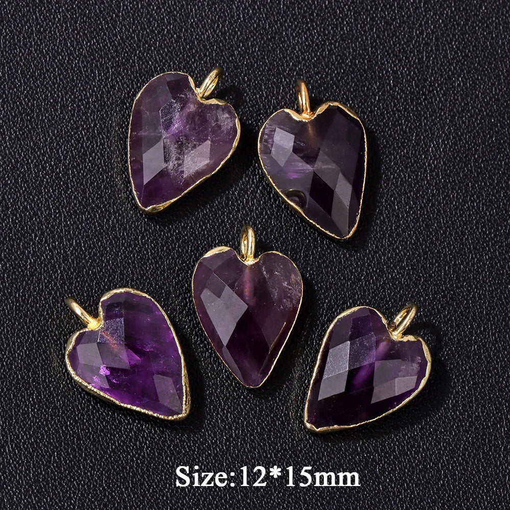 2PCS/lot Faceted Heart Shape Stone Pendant Natural Amethyst Rose Quartzs Labradorite Love Charms For Jewelry Making Necklace DIY