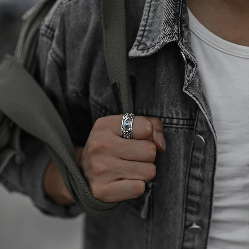 Retro Blue Horus Eye Rose Ring For Men Silver Color Punk Gothic Adjustable Ring Handmade Unisex Jewelry Accessories Lovers Gift