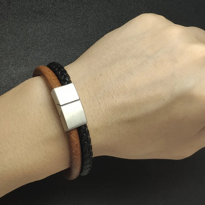 MKENDN Doppelsträngiges Original-Rindslederarmband mit gewebtem Leder, Edelstahl-Magnetschnalle, Zubehör, handgefertigte Geschenke
