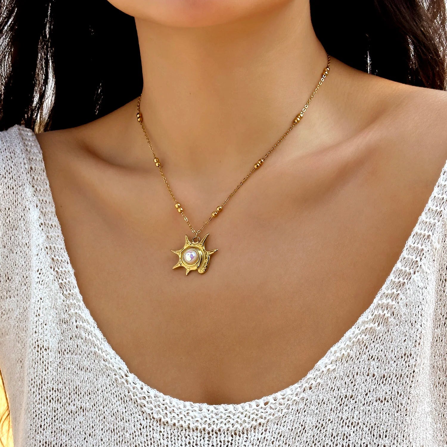 Stainless Steel Ocean Series Necklace for Women Gold Color Textured Starfish Conch Dolphin Pendant Choker Beach Party Jewelry