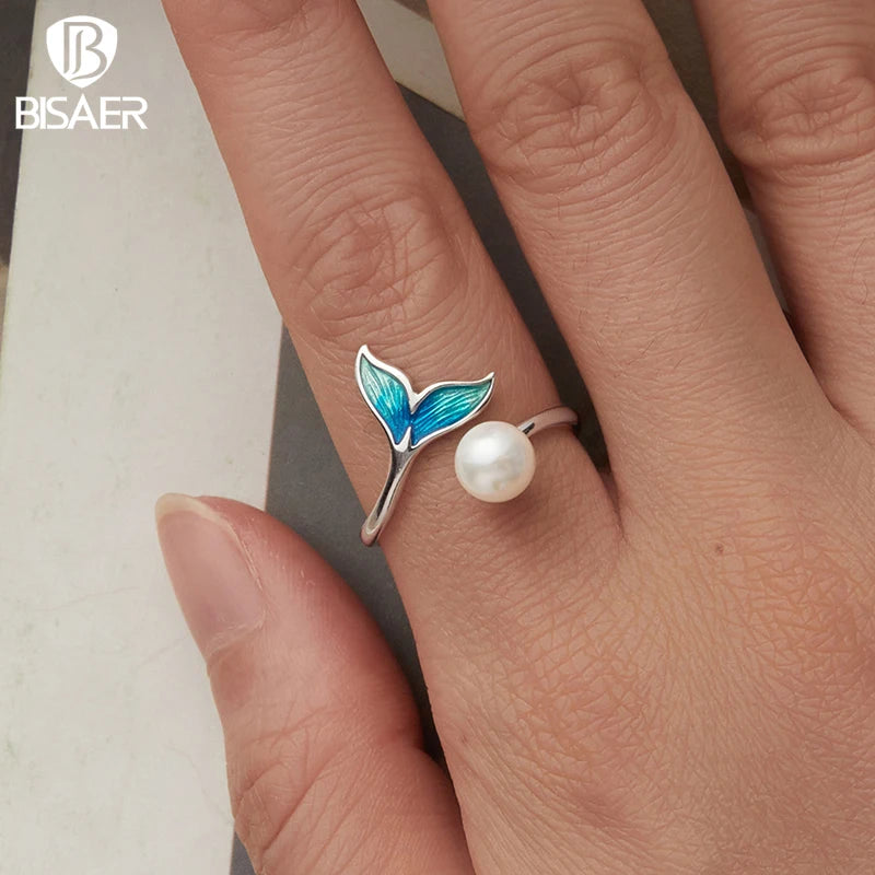 BISAER 925 Sterling Silver Mermaid Open Ring Pearl Gradient Enamel Band Plated White Gold for Women Party Original Fine Jewelry