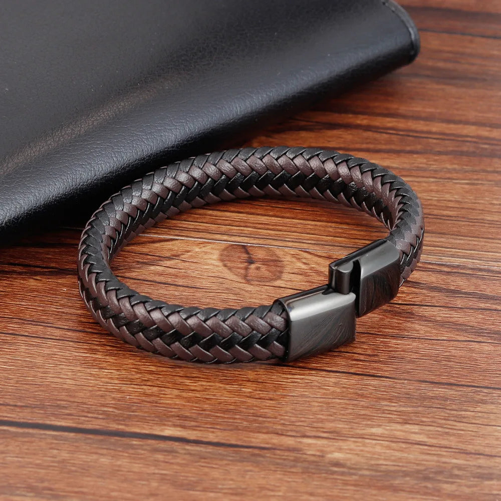 MKENDN Punk Men Braided Genuine Black Coffee Leather Bracelet Black Stainless Steel Magnetic Buckle Bracelet Gifts Homme Pulsera
