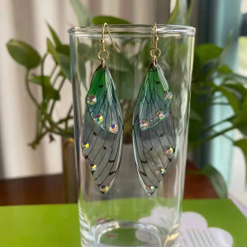 Minar Fairy Clear Gradient Resin Simulation Wings Butterfly Rhinestone Flake Long Dangle Earrings for Women Casual Party Jewelry