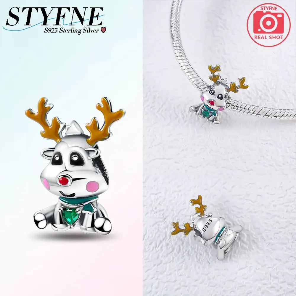 Charm 925 Sterling Silver Christmas Tree Hat Love Elk Beaded Fit Women's Bracelet Diy Jewelry Making Christmas Gift