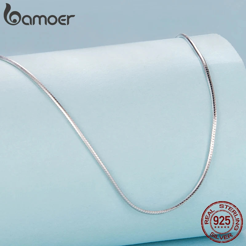 BAMOER Solid Gold Over 925 Sterling Silver Chain Necklace for Women Girls, Thin Dainty Round Snake Chain For Daily Pairing