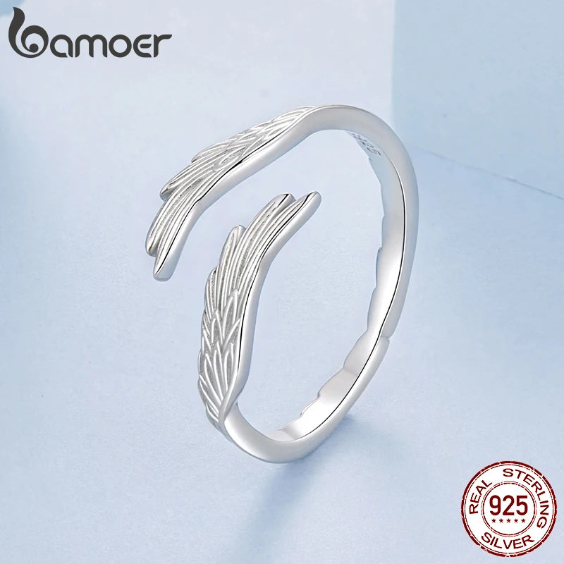 Bamoer 925 Sterling Silver Angel Wings Jewelry Set Vintage Feather Open Ring O-chain Link Necklace for Women Guardian Gift