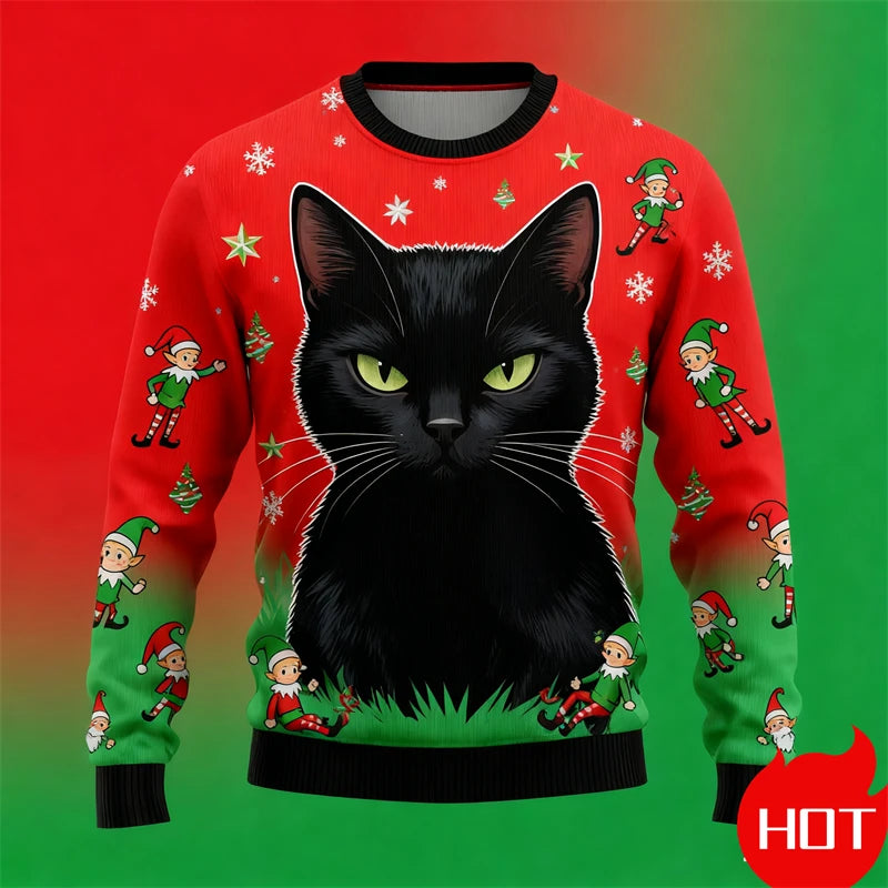 Black Cat Graphic Ugly Christmas Sweater Men Women Holiday Sweatshirt Pullover Xmas Santa 2026 Hot Sale Top Crewneck Long Sleeve