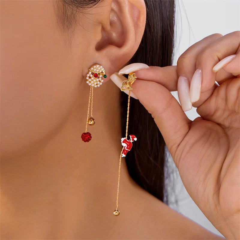 Creative Asymmetric Christmas Tree Snowman Snowflake Drop Earring for Women Moving Santa Claus Long Tassel Earring Party Jewelry