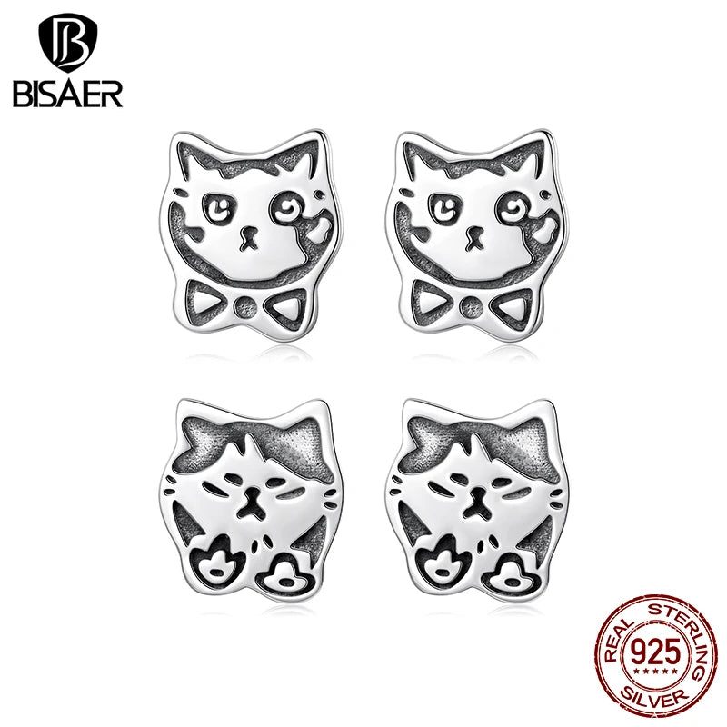 BISAER Real 925 Sterling Silver Cute Bowtie Cat Sud Earrings Lovely Pet Animals Stud Ear for Women & Girls Party Fine Jewelry