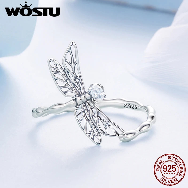 WOSTU 925 Sterling Sliver Dragonfly Open Ring For Women , Hollow Out Shiny CZ Insect Animal Adjustable Rings Daily Party Gift